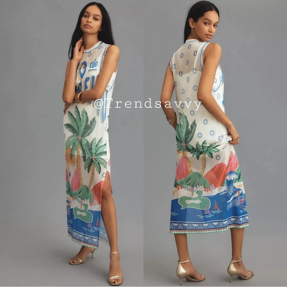 Anthropologie Farm Rio Tropical Mesh Midi Dress Blue White XS Vacation NWT - Picture 1 of 7